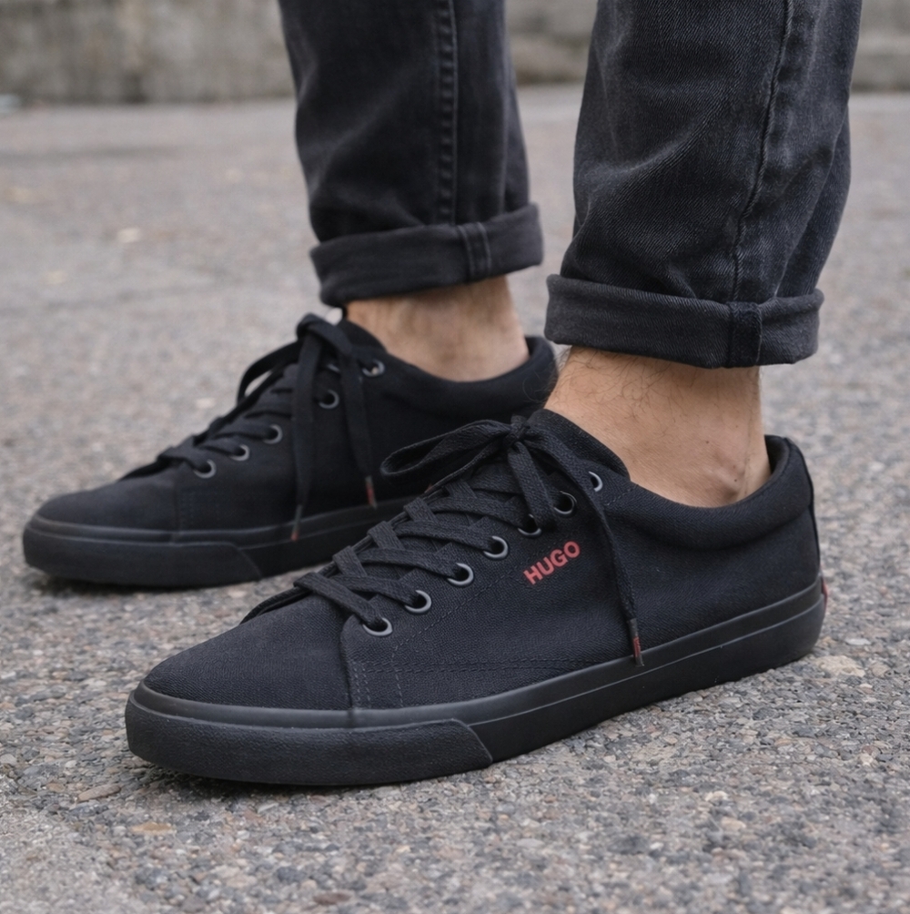 HUGO Boss Dyer Tennis Sneakers Black Canvas Low Top Shoes Size 44 Mens